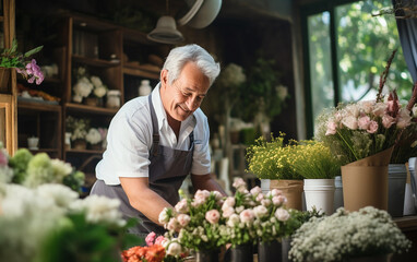 Photo of a nice old florist man while working in flower shop
