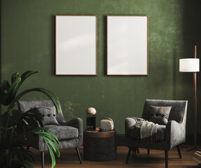 Mock-up square frame in dark green furnished home interior background,