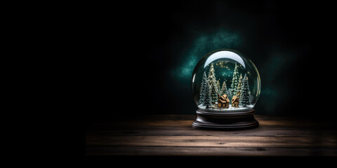 Ai generation. Snow globe with fir trees inside on wooden table at night. Empty - obrazy, fototapety, plakaty