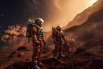 Human mission to Mars, person wearing a space suite on the surface of Mars - obrazy, fototapety, plakaty