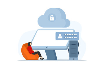 Concept of database and personal data security, cyber data security, server data, privacy, technology, character accessing database using laptop, flat design illustration on white background.