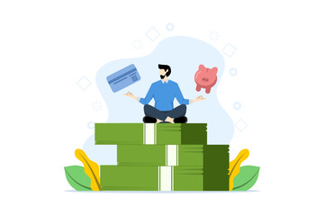 Financial discipline concept, saving or investment strategy, investment routine or practice, building wealth or paying off debt, man meditating on banknotes with debit card and piggy bank.