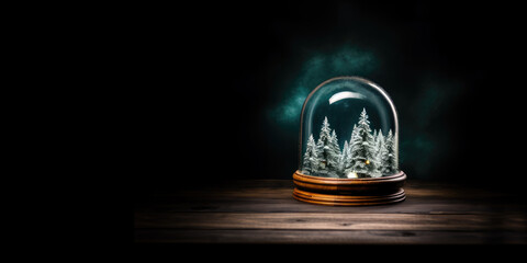 Ai generation. Snow globe with fir trees inside on wooden table at night. Empty