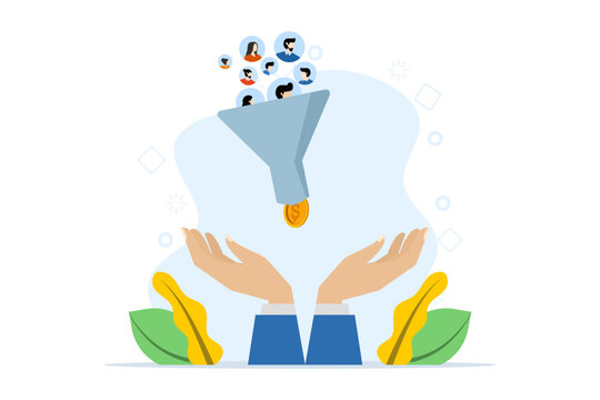 advertising analysis concept, customer acquisition conversion to sales, marketing funnel conversion rate, marketing funnel hand holding to attract potential customers and convert to sales.