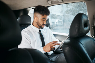 Business man, tablet and drive in car for online search, trading or reading stock market news in...