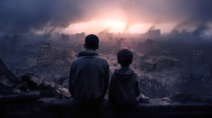 Two figures overlooking war-torn city at sunset, generative ai - obrazy, fototapety, plakaty