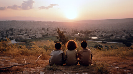 Three children overlooking war-affected city at sunset, generative ai