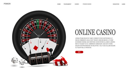 Web banner with 3d roulette for casino, poker cards, chips, dice and slot machine on a white background with text.