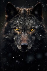 Closeup of a black wolf with yellow eyes on blurry winter background. Black canadian wolf in heavy snowfall. Banner with wild animal in nature habitat. Wildlife scene 