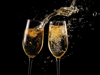 Ai generation. Two glasses of champagne with splash over black background