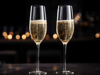 Ai generation. Close up of two glasses with bubbly champagne on a background of