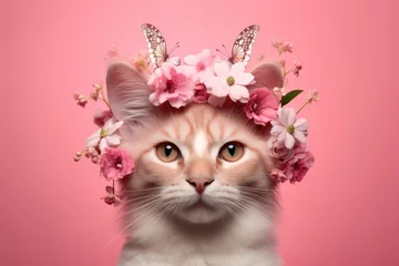 Rolgordijnen Beautiful cat wearing a crown of flowers and butterflies on pastel pink background. Cute animal with flower wreath and butterfly on his head. Spring female concept  © ratatosk
