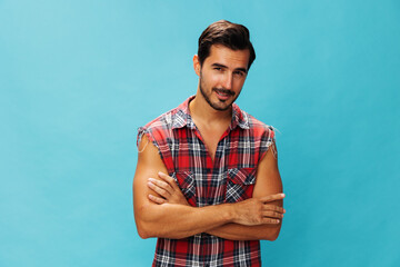 Man smile confident background happy trendy blue arm attractive