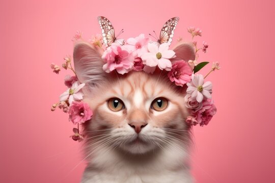 Beautiful cat wearing a crown of flowers and butterflies on pastel pink background. Cute animal with flower wreath and butterfly on his head. Spring female concept 