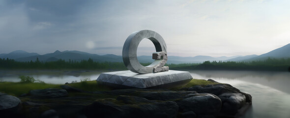 O2 symbol made of natural rock in the middle of environment friendly forest landscape for eco and environmental conservation and air pure concepts as wide banner with copyspace poster