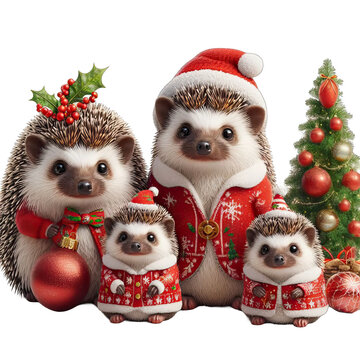 A beautiful hedgehog family with Christmas clothes,png file with transparent background