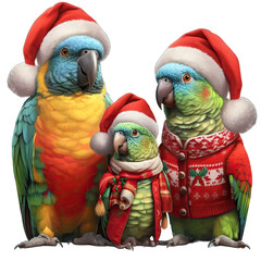 Fototapeta premium A Merry Family of Parrots with Christmas clothes Png file with transparent background