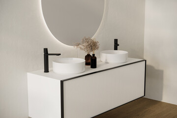 Close up of comfortable double sink with two round mirrors standing on wooden countertop in modern...