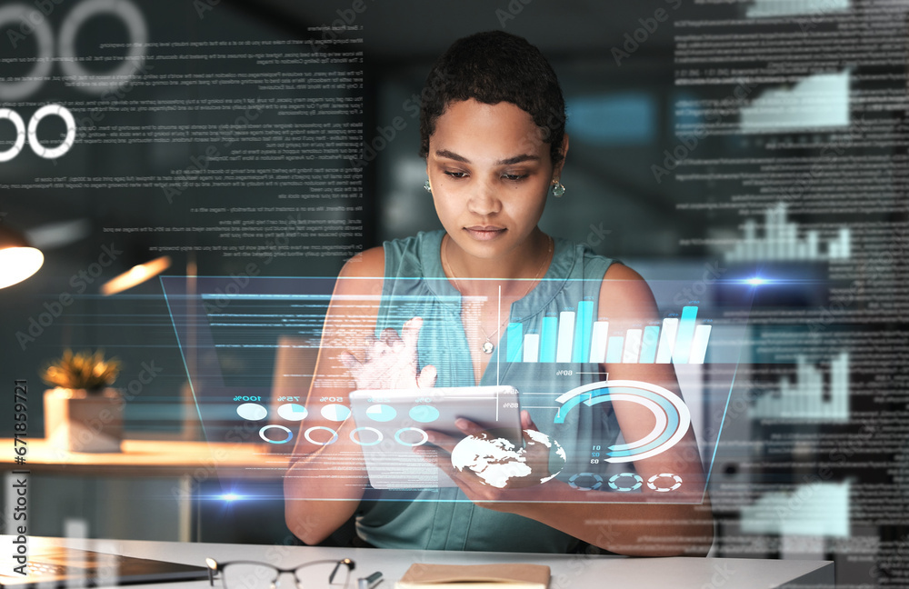 Aufkleber Black woman with tablet, erp data overlay and innovation, research and programming in future information technology. Futuristic network, analytics and developer for startup business website software.
