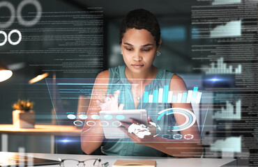 Black woman with tablet, erp data overlay and innovation, research and programming in future information technology. Futuristic network, analytics and developer for startup business website software. - obrazy, fototapety, plakaty