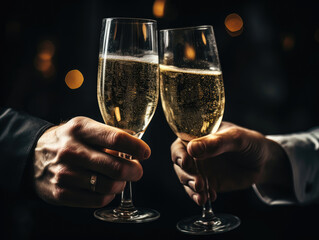 Ai generation. Close up of two hands with champagne glasses making toast. Two