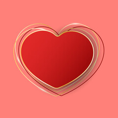 Red 3d heart. Paper cut gradient vector heart with gold frame on pink background. Best for St. Valentine's Day decoration.