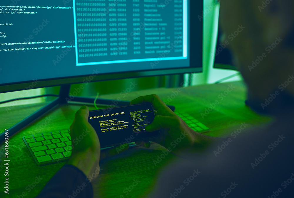 Aufkleber Computer hacker, coding and a man with phone for phishing, scam or cybersecurity software. Online crime, smartphone screen and cyber thief person with info for ransomware, hacking or malware script