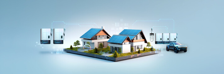 wide banner design of a infographic diagram for battery packs alternative electric clean energy storage system at smart home with solar panels roof as backup or sustainable energy concepts - obrazy, fototapety, plakaty