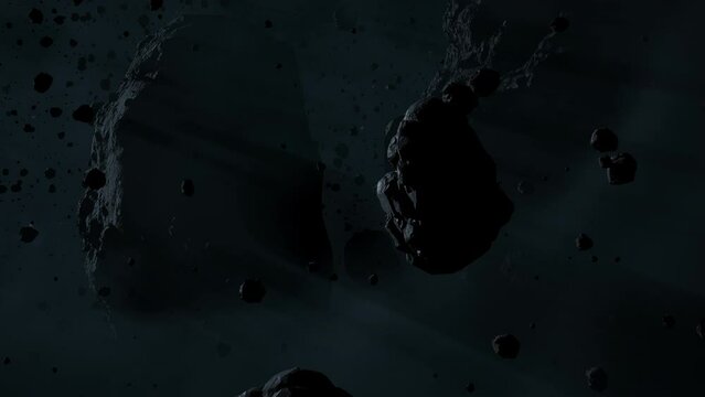 Asteroid belt field in dark outer space. 3D animation wide pan shot. Rock formations of cosmic debris and giant Meteorites. Celestial objects on starry stars background with dust nebula haze low light