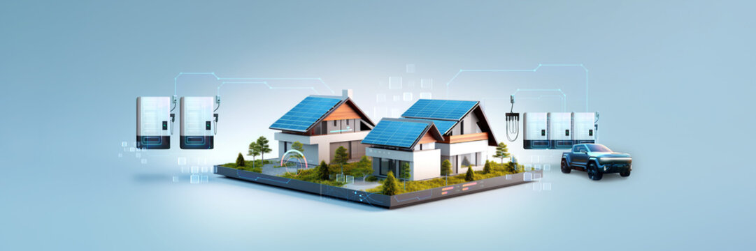 wide banner design of a infographic diagram for battery packs alternative electric clean energy storage system at smart home with solar panels roof as backup or sustainable energy concepts