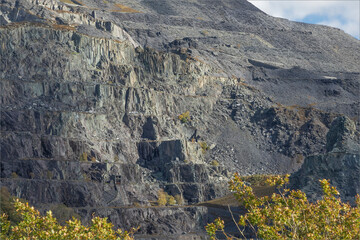 Terraces cut into the welsh hillside where slate is being mined