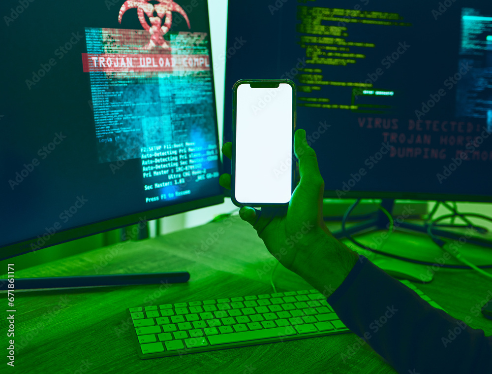 Poster Computer, phone or hands with mockup for hacking, software programming or cybersecurity. Information technology, screen on mobile app or hacker on dark web for big data, update or web design at night