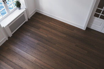 Top view of empty scandinavian style interior room, white wall and parquet floor. © leymandesign