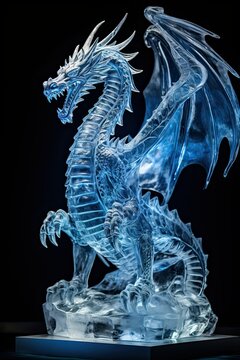 Glowing dragon ice sculpture isolated on black background. Side view of the symbol of year 2024 – year of the dragon