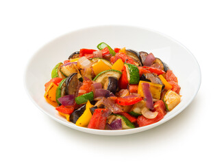 Ratatouille salad in a porcelain salad bowl isolated on white background.