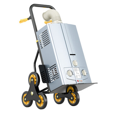 Hand truck with gas boiler, 3D rendering isolated on transparent background