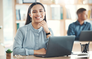 Portrait, smile and business woman in office ready for company goals in workplace. Ceo, boss and...