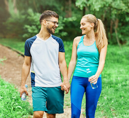 Obraz premium fitness woman man sport exercise together young running jogging healthy fit active workout jogger run smiling runner jogger talking walking recreation training park nature