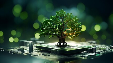 Tree growing on the converging point of computer circuit board. Green computing, Green technology, Green IT, CSR, and IT ethics. Concept of green technology. Environment green technology