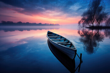 The boat is in quiet calm stagnant water of the lake. Peace and quiet at sunset.