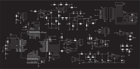 Schematic diagram of electronic device.
Vector drawing electrical circuit with operational amplifier, 
led, integrated circuit, capacitor, resistor, coil, 
microcontroller chip, optocoupler, diode.