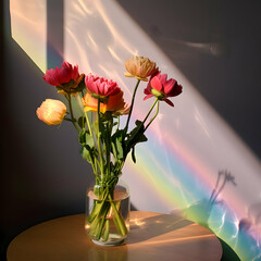 Bouquet of flowers in vase with water Abstract background with rainbow shadow