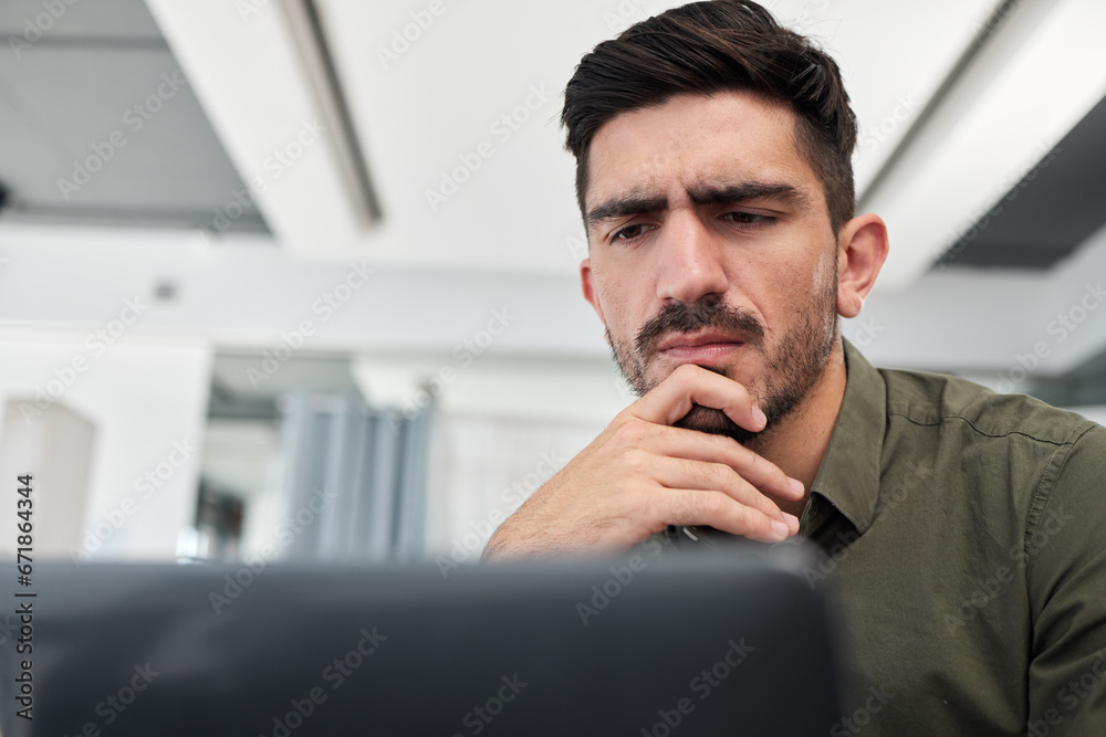 Poster Business, thinking and man with a computer, solution and problem solving with ideas, research and website information. Career, male professional and consultant with a pc, online reading and decision