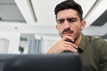 Naklejka premium Business, thinking and man with a computer, solution and problem solving with ideas, research and website information. Career, male professional and consultant with a pc, online reading and decision