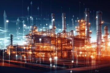 Fototapeta premium Double exposure oil refinery at night. Energy and industry concept.