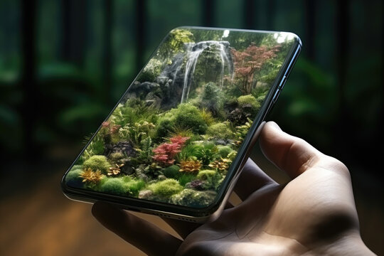 Smartphone in hand with a blurred background of waterfall and plants. Virtual reality.