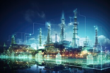 Double exposure oil refinery at night. Energy and industry concept.