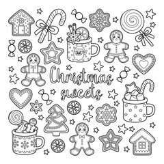 Outline set of Christmas and New Year sweets for holiday design. Candies cane, lollipops, gingerbread, festive mugs and other. Vector contour illustrations of the Xmas treats perfect for coloring page