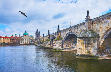 The arches of Charles Bridge across Vltava River, Prague, Czechia