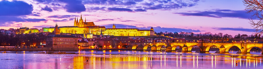 Panorama of twilight Prague, Czechia